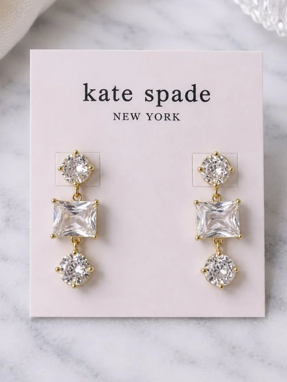 Kate Spade Crystal Drop Earrings Gold Clear CZ Statement Dangle Earrings